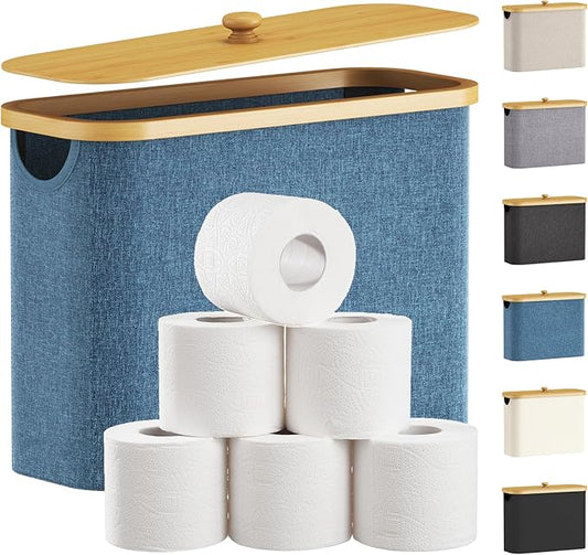 Lifewit Toilet Paper Storage Holder for 9 to 12 Rolls, Free Standing Toilet Paper Basket Stand with Bamboo Lid, Collapsible Fabric Bathroom Organizer Box for Mega Rolls, 23L, Large, Dark Blue