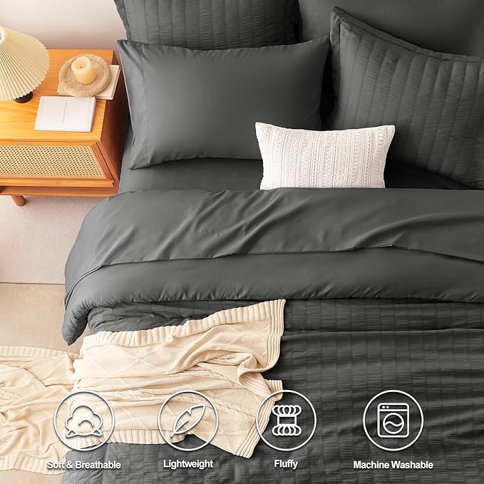 CozyLux Oversized Queen Comforter Set Dark Grey Seersucker 7 Pieces 98x98 Bed in a Bag Comforter Set with Sheets, Luxury Bedding Sets Down Alternative Comforter, Sheets, Pillowcases & Shams, Dark Gray