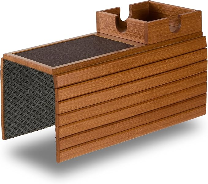 Detor Couch Cup Holder Tray with Super Anti-Slip Pad, Large 4.5" x 4.5" Organizer, Acacia-Stained Bamboo Finish, Enhanced Non-Slip Felt Base, Durable Bamboo Slats, Fits Armrests 5.5" and Wider