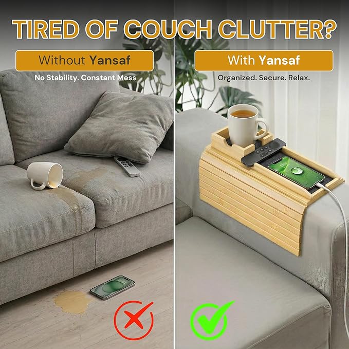 4-in-1 Detachable Bamboo Couch Cup Holder & Arm Tray with 2 Wooden Coasters, Anti-Slip Sofa Arm Tray, Foldable Couch Armrest Table, Organizer for Drinks, Snacks, Remote & Phone
