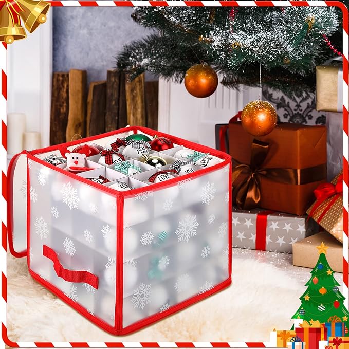 Saintrygo 2 Pcs Christmas Ornament Storage Box Christmas Storage Containers with 64 Compartment Zippered Bauble Vinyl Plastic Ornament Box with Handles, 12 Inch(Snowflake Style)