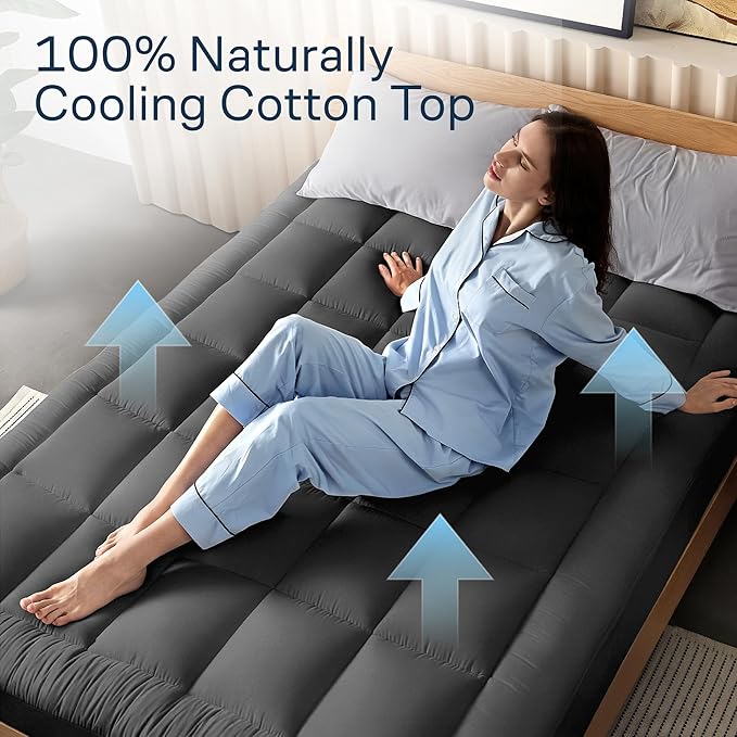 Cloud-Like King Mattress Topper - 100% Cotton Top Mattress Pad for Back Pain Relief - Breathable & Naturally Cooling for Hot Sleepers, Dark Gray
