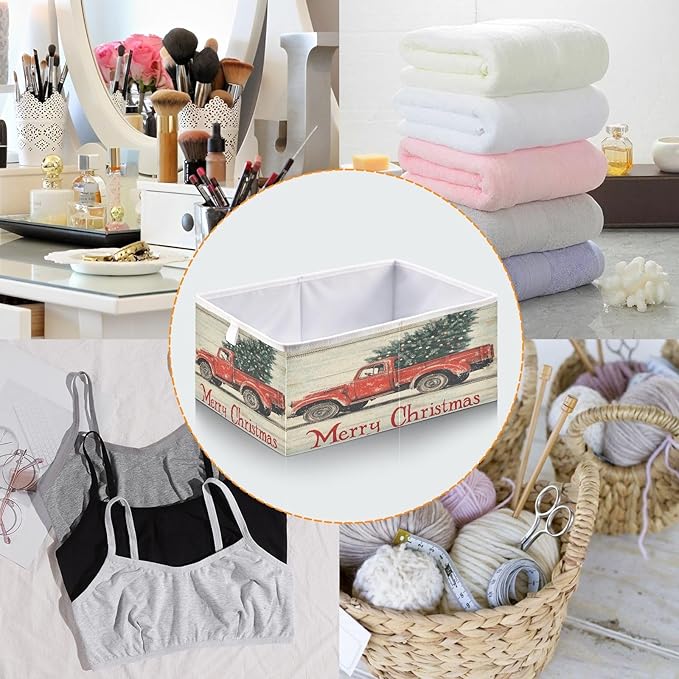 Red Truck Christmas Tree Fabric Storage Cubes Sturdy Shelf Closet Organizer Bin Decorative Storage Basket Box for Living Room Bathroom, 11x11 Inch