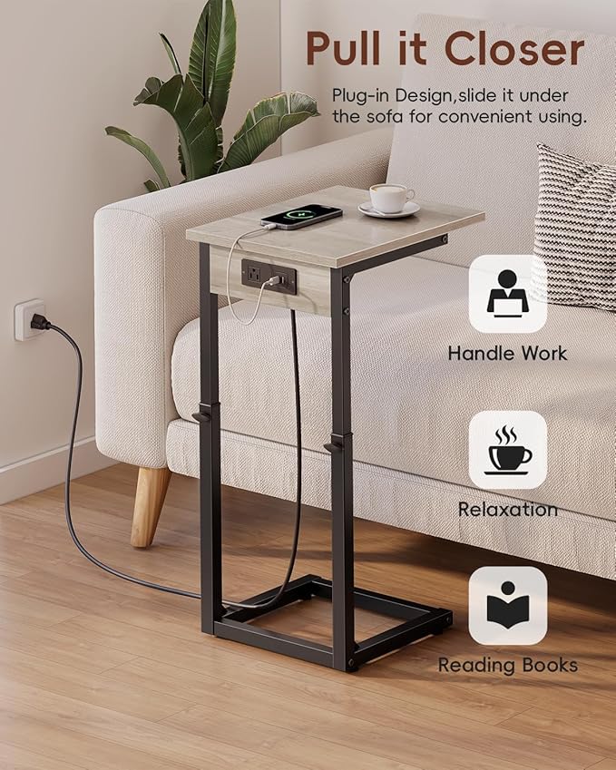 Vagusicc C Shaped End Table with Charging Station, Adjustable Height Side Table for Couch, C Table End Table Couch Table That Slide Under, Sofa Table TV Tray Arm Tables for Living Room, Bedroom, Gray