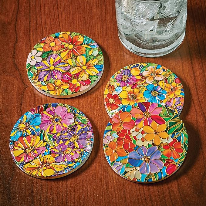 Bits and Pieces Set of 4 Drink Coasters Stained Glass Look Ceramic Coasters with Cork Backing, Bright Flowers with Gold Accents - 3 1/2" Floral Coaster Set