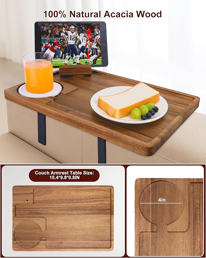 Couch Armrest Table, Acacia Wood Sofa Arm Tray with Adjustable Metal Clamp, Sofa TV Tray with Rotating Phone Holder for Snacks Drink Remotes, Include White Coaster