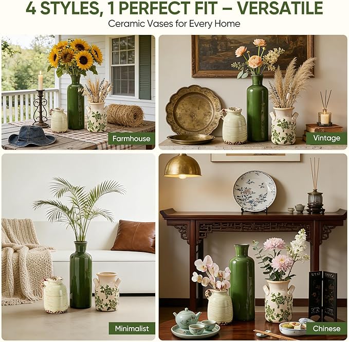 Ceramic Vases Set of 3,Farmhouse Vintage Rustic Boho Decorative Vases with Handles,Green & Beige Modern Neutral Pottery Vases for Table Centerpiece,Living Room,Mantel,Kitchen,Shelf,Entryway&Home Decor