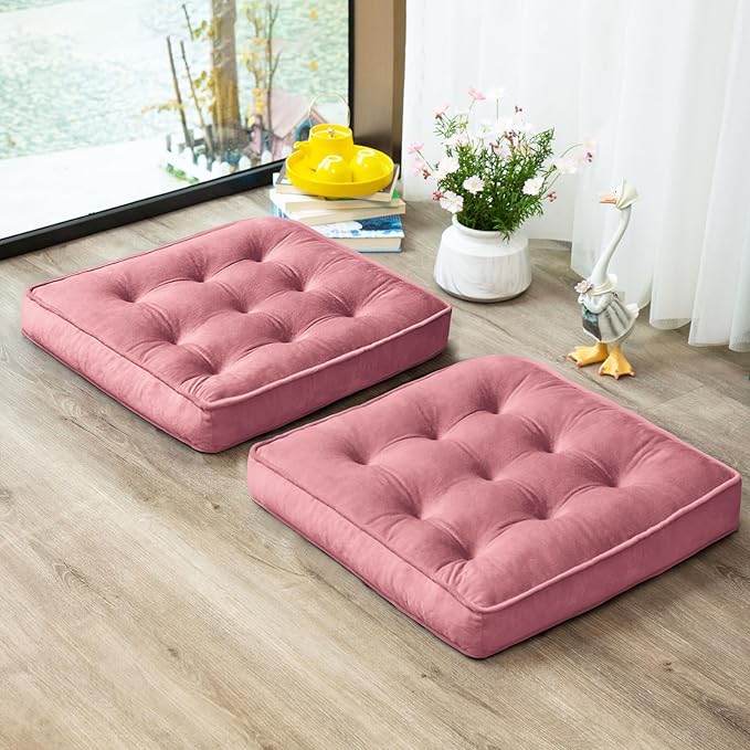 1 MIDDLE ONE Floor Pillow Set of 2, Memory Foam Meditation Cushion, Floor Cushions for Adults Sitting, Large Square Seat Cushions for Yoga, Living Room, 22x22 Inch (Pink)