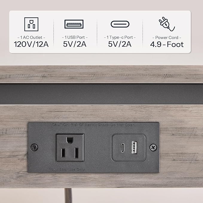 HOOBRO C-Shaped End Table with Charging Station, Adjustable Height Sofa Tray Side Table, Slide Under Couch Arm Table, Small C Side Table for Small Space in Living Room, Bedroom, Greige BG71USF01