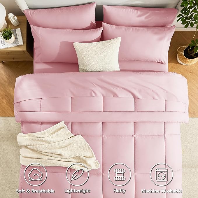 CozyLux King Size Comforter Set Pink, 7 Pieces Bed in a Bag, Pink Comforter King Size, All Season Bedding Sets with Stitch Quilted Comforter, Flat Sheet, Fitted Sheet, Pillowcases