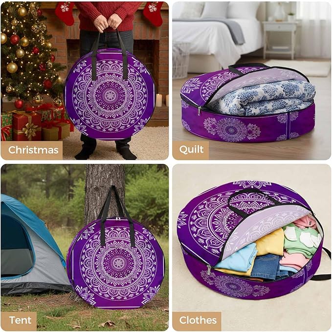 Storage Bag Purple Boho Round Storage Totes Bins Closet Organizers with Zippers & Handle Gorgeous Bohemian Flower Clothes Storage Container for Bedroom Dorm Space Saving Packing Supplies Moving Bags