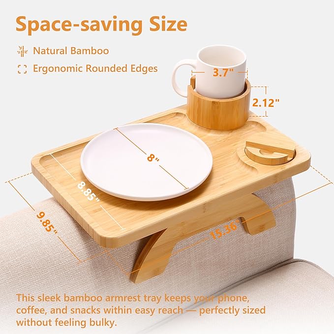 Couch Arm Table, 3-in-1 Sofa Armrest Tray with 360° Rotating Phone Holder & Cup Holder, Clip-On Armchair Side Table for Drinks, Snacks & Remote, Large 15.36" x 9.85" (Natural Bamboo)