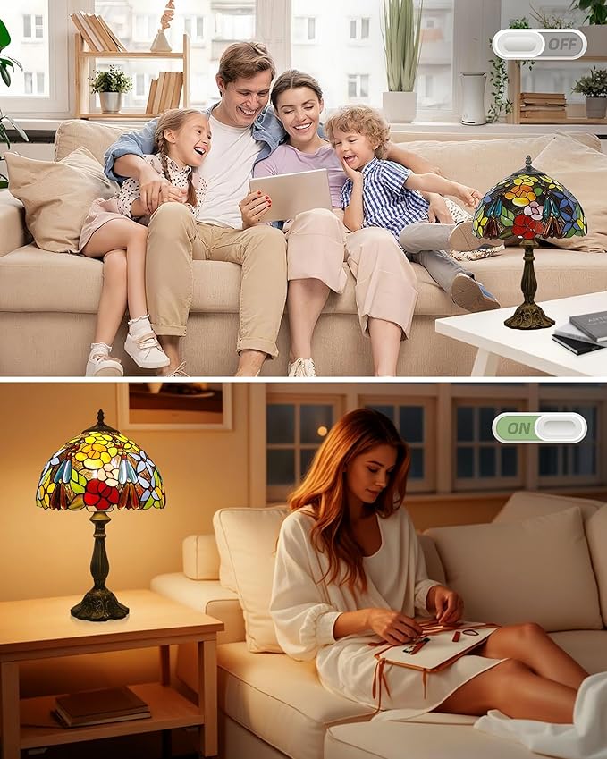 Tall Table Lamps Bedside Nightstand Rose Flower Beads Stained Glass Table Lamp for Bedroom,Living Room,Dining Room Restaurant Hotel Desk Reading Light+LED Bulb,12X12X18 INCH