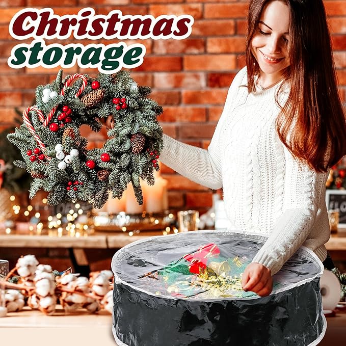 Dunzy 8 Pieces Wreath Container Christmas Wreath Storage Bag Garland Tear Resistant Fabric Round Boxes with Clear Window for Storage for Xmas Holiday Ornament(24×24×7.8 Inch,Black)