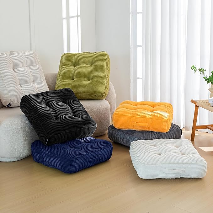 HIGOGOGO 6" Extra Thick Floor Pillow Cushion for Adults, Meditation Cushion Pillow, Large Square Floor Sitting, Tufted Corduroy Cover, for Tatami Living Room or Yoga, 22x22 Inch, 2Pack, Green