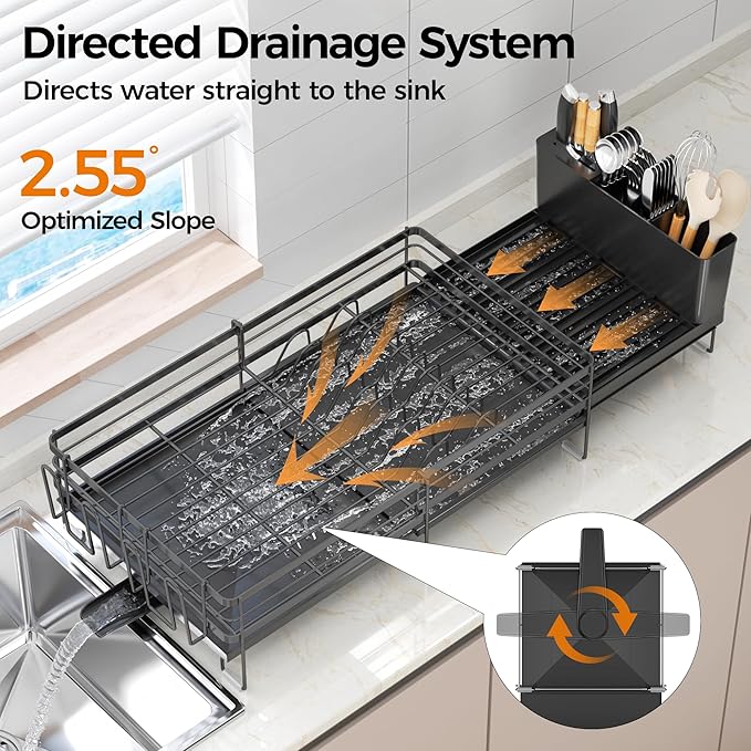 Delamu Stainless Steel Dish Drying Rack, Expandable Dish Drainer, Anti-Rust Large Dish Racks for Kitchen Counter, Dish Strainers with Drainboard, Utensil Holder & Cup Holder, Black