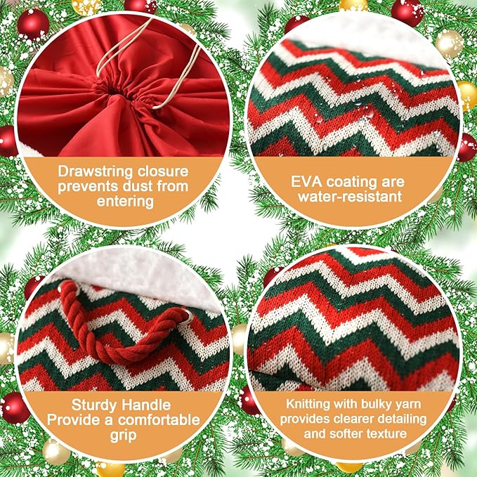 INough Christmas Ornament Storage Box Holiday Decoration Organizer, Knitted with Bulky Yarn Christmas Basket for Kids Gifts Baskets Empty with Handles Santa Sack with Drawstring (Large, Green Wave)