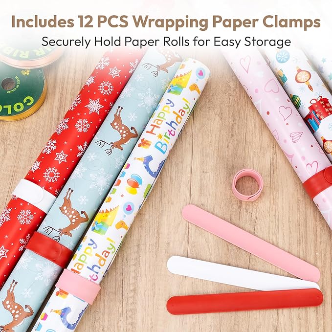 Gift Wrapping Station with 12PCS Slap Bands, Rolling Wrapping Paper Cart Station Organizer Gift Wrap Storage, Ribbon Holder Rack, Craft Organizers and Storage Christmas