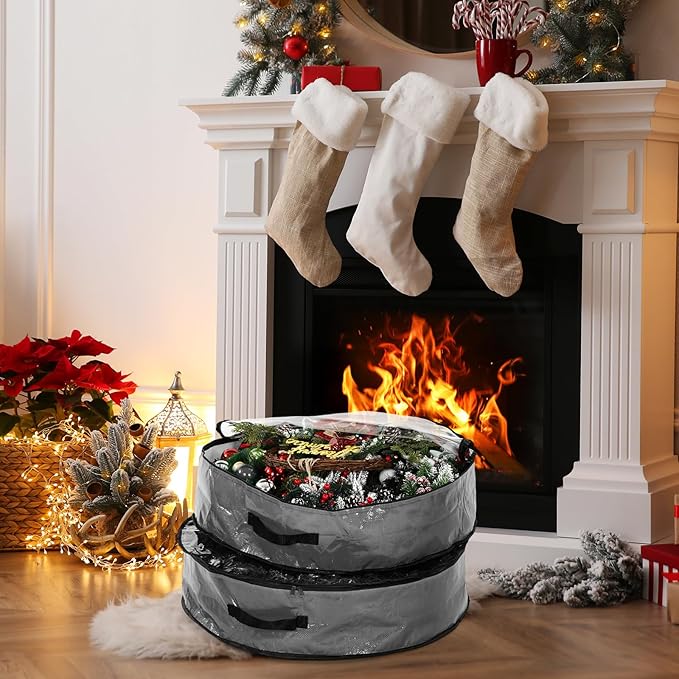 Aliceset 4 Pack Wreath Storage Containers, Ornament Garland Wreath Storage Bags with Handle Zipper Decorative Storages Box for Winter Valentine Wreaths(24 x 24 x 7.8 Inch,Gray)