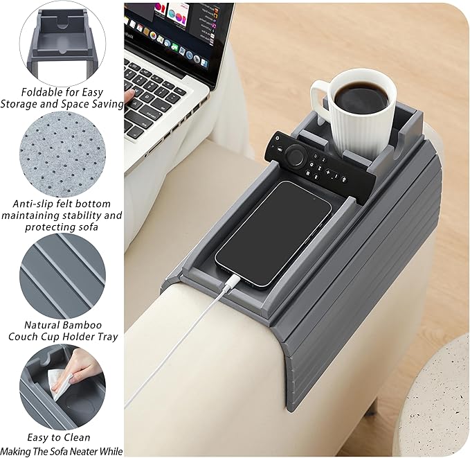 Bamboo Couch Cup Holder Arm Tray，Foldable Couch Drink Holder Armrest Table，Sofa Arm Rest Tray，Flexible Arm Chair Table Recliners for Drink,Cups, Snacks, Phone, Remote (Grey)