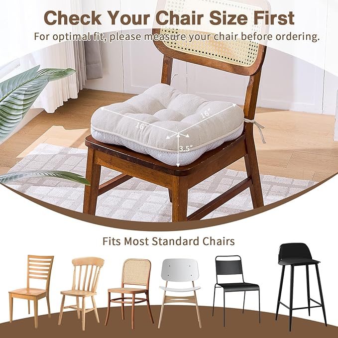 BETU Chair Cushions for Dining Chairs Set of 6,3.5" Thick Kitchen Table Chair Pads with Ties,Non Slip Backing and Covers, Seat Cushion for Dining Room,Bar,Patio Chairs,16"X16"X3.5",Beige
