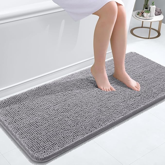 OLANLY Bathroom Runner Rugs 47x20, Extra Soft Absorbent Chenille Bath Rugs, Rubber Backing Quick Dry, Machine Washable Long Bath Mats for Bathroom Floor, Tub and Shower, Home Decor Accessories, Grey