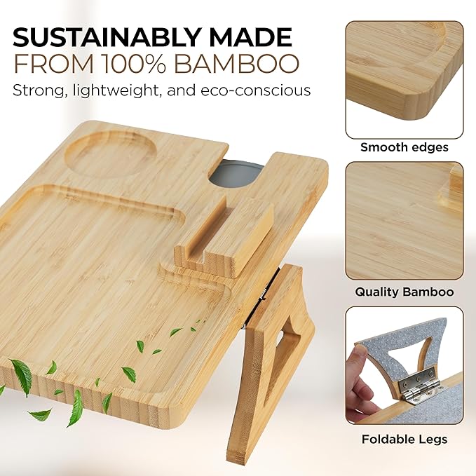 3-in-1 Bamboo Couch Tray with Silicone-Lined Wine Glass Holder, Cup Compartment, and Non-Slip Phone Stand