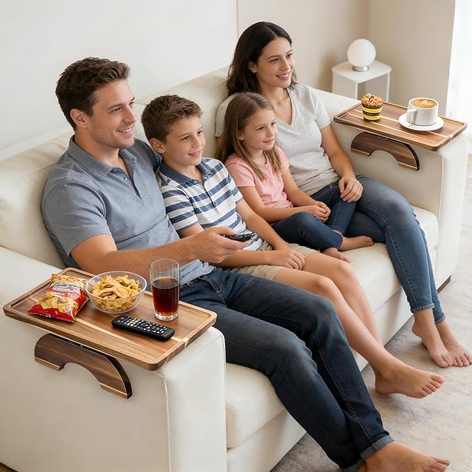 Acacia Wood Sofa Arm Tray, Folding Clip-On Couch Arm Tray, Sofa Armrest Trays for Drinks, Snacks, Phone, Remote Control