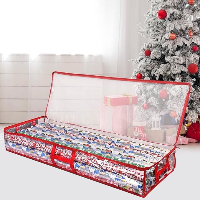 ProPik Wrapping Paper Storage Containers | Gift Wrap Organizer Under Bed | 41”x14”x6” | Box Holds 18-24 Rolls Up to 40” Long | Holder with Pockets for Ribbon, Bows and Accessories (2 Pack - Red)
