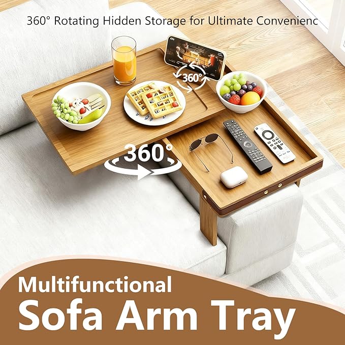 Sofa Armrest Tray with Bamboo - 5.5" - 9.8" Adjustable Couch Arm Table with 360° Rotating Phone Holder and Hidden Storage Compartment for Snacks, Drinks, Remote (Natural)