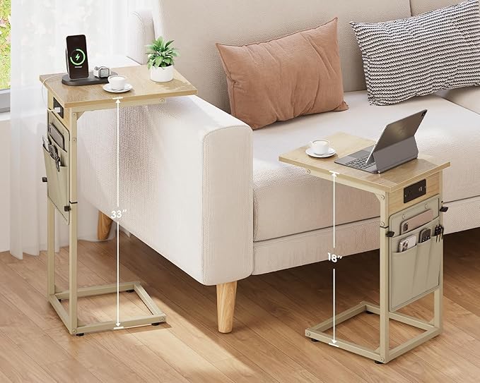Vagusicc C Shaped End Table with Charging Station, Adjustable Height C Table End Table, Small Side Table for Couch, Couch Table Slide Under Sofa Table TV Tray Arm Table for Living Room,Bedroom,Natural