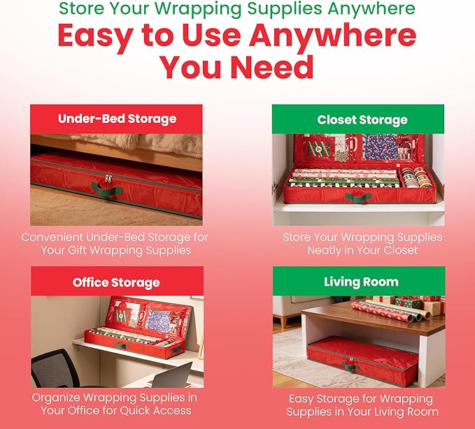 Handy Laundry Gift Wrap Storage Organizer, Easily organize Wrapping Paper, Ribbons, Bows, Scissors, Fits 18-24 Standard Rolls, Keeps Gift Supplies in Perfect Condition & Ready for Next Season, (Red)