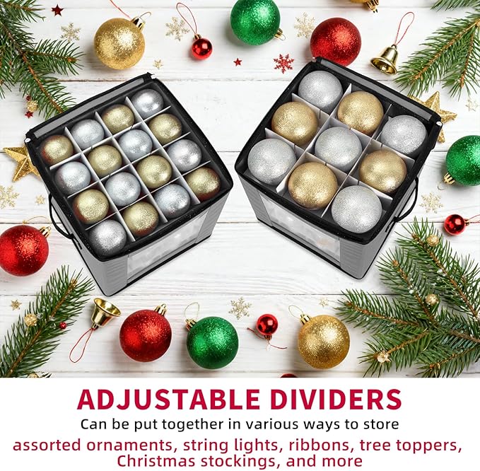 DIMESHY Christmas Ornament Storage Box With Adjustable Dividers,Ornament Storage Container with Two Handles for 64Holiday Decorations,Gray