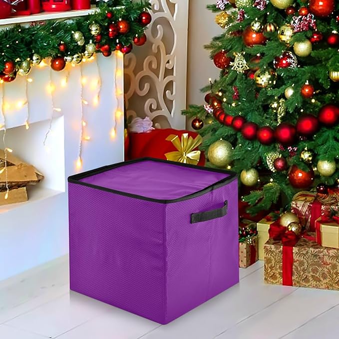 Purple Christmas Ornament Storage Basket Box Holiday Storage Container Cube with Adjustable Dividers for 64 Holiday Ornaments or Decorations Keeps Clean and Dry for Next Season