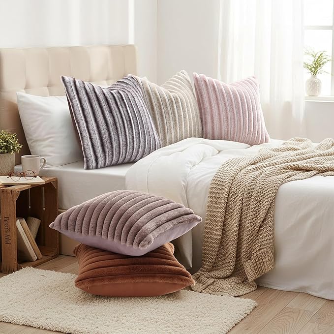decorUhome Cozy Faux Fur Throw Pillow Covers 20x20 Set of 2 Decorative Soft Plush Striped Modern Farmhouse Boho Couch Pillow Cases with Velvet Back for Sofa Bed Living Room, Brown White
