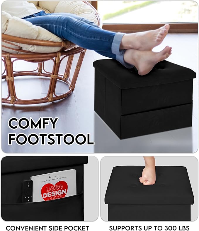 Zoes Homeware Small Storage Ottoman Foot Rest, Velvet Ottoman with Storage and Side Pocket, Black Foot Rest for Couch, Foldable Footstool for Chair, Living Room&Dorm, 16"x12"x12"