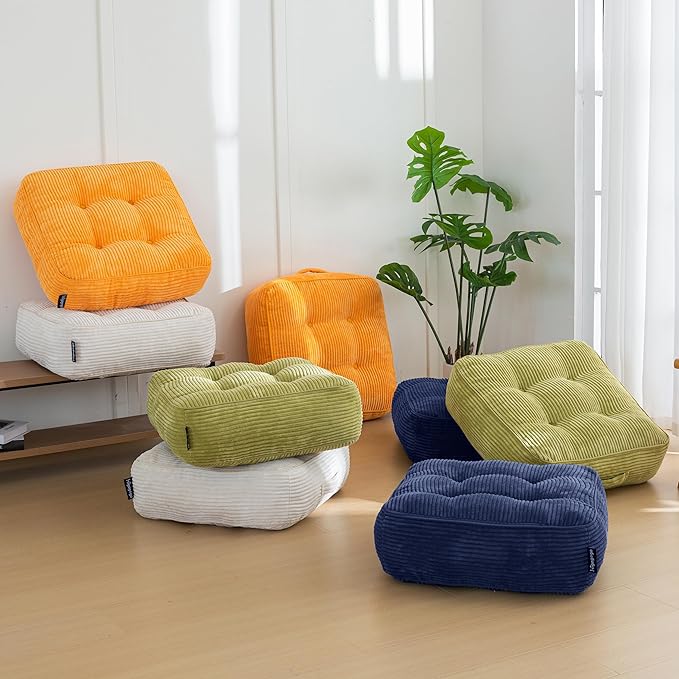 HIGOGOGO 8" Extra Thick Floor Pillow Cushion for Adults, Meditation Cushion Pillow, Large Square Floor Sitting, Tufted Corduroy Cover, for Tatami Living Room or Yoga, 22x22 Inch, Navy