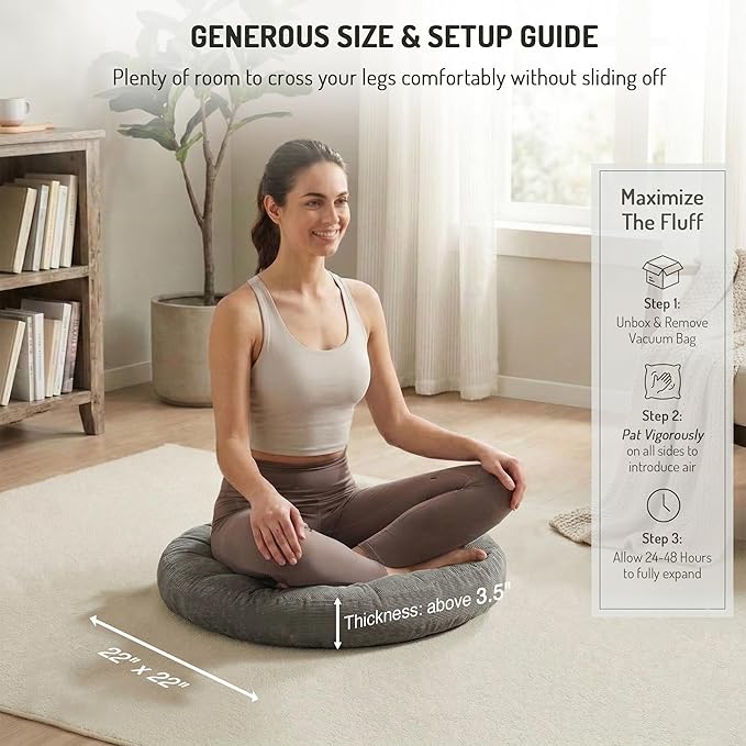 Degrees of Comfort Meditation Floor Pillow, Round Large Pillows Seating for Adults, Tufted Corduroy Cushion for Tatami Living Room, Grey, 22 Inch
