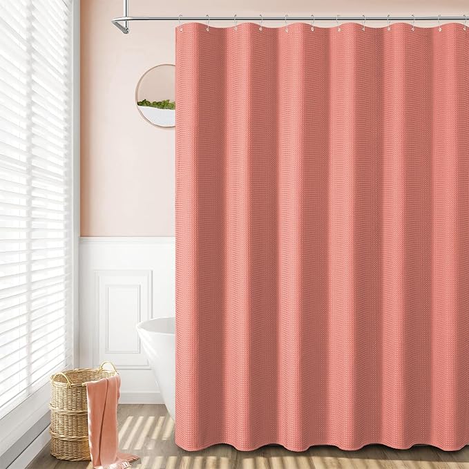 Dynamene Extra Long Shower Curtain - 96 Inch Long Waffle Weave Weighted Thick Cloth Bathroom Shower Curtain, Neutral Heavy Duty Hotel Bath Curtain Set with 12 Plastic Hooks,72x96, Coral