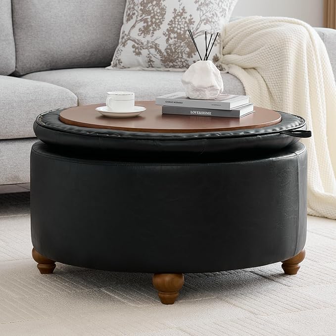 WUTUTUEE 30Inch Round Storage Ottoman with Tray, Modern Tufted Leather Circle Coffee Table with Storage, Upholstered Ottoman with Removable Top for Living Room, Bedroom, Leather Black