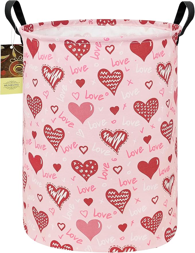 HUNRUNG Collapsible Fabric Storage Basket, Waterproof Laundry Hamper with Handles, Round Storage Bin for Clothes Toys, Foldable Organizer for Bedroom Nursery Bathroom(Round-Pink Love Heart)