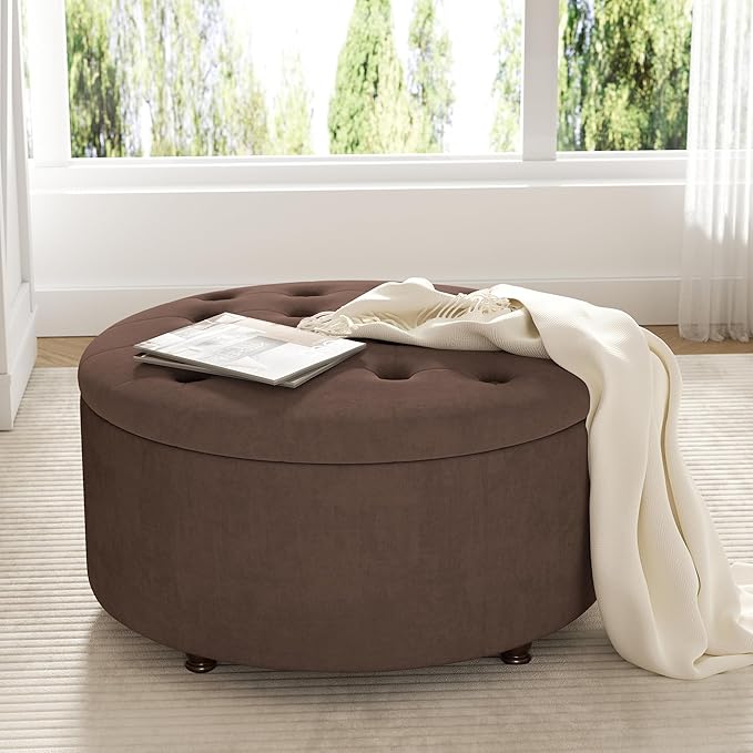 30 Inch Round Storage Ottoman,Modern Tufted Ottomans,Upholstered Large Ottoman with Storage with Removable Top Footrest Stool for Bedroom Living Room (Darkbrown)