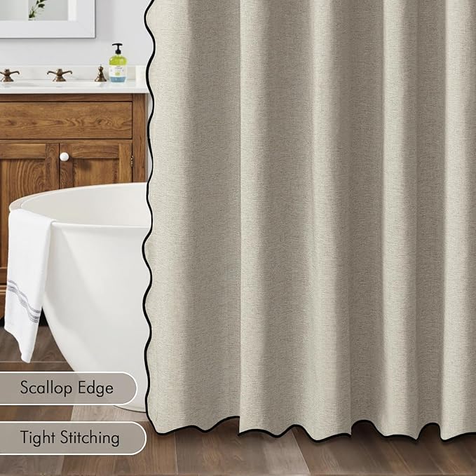 MIULEE Linen Scalloped Shower Curtain Linen Textured with 12 Metal Hooks Cute Heavy Duty Washable Waterproof Thick Cloth Shower Curtains with Black Border for Bathroom Hotel Bathtub,W72*L72