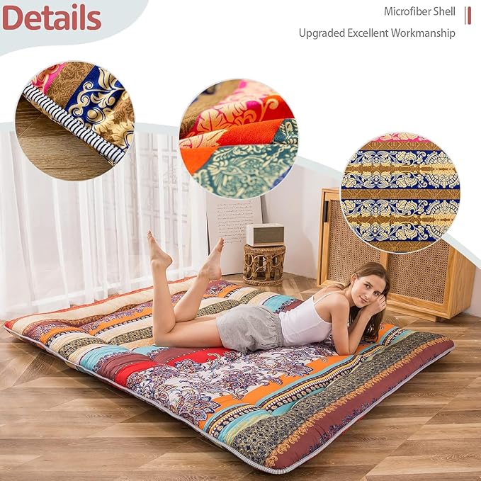 MAXYOYO Bohemian Retro Floor Mattress Vintage Floral Japanese Futon Mattress Roll Up Thicken Sleeping Mat Portable Camping Mattress Floor Lounger Couch Pad, Twin Size