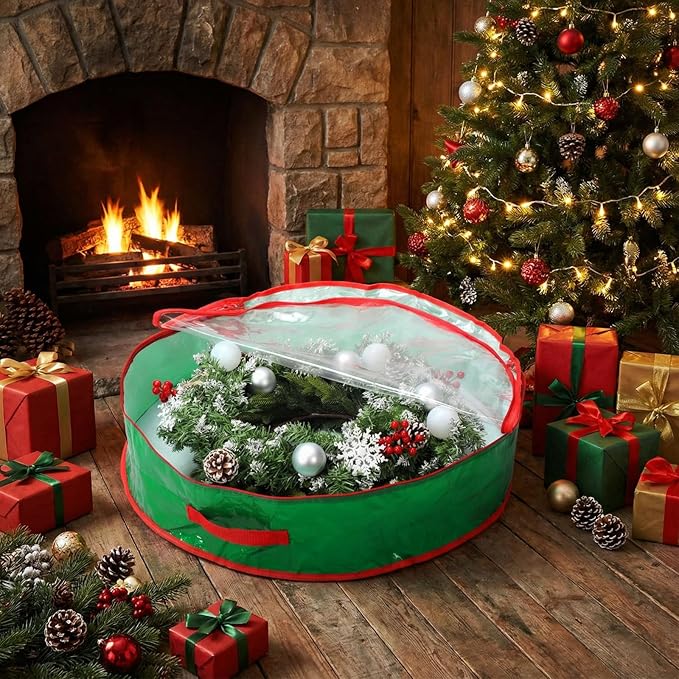 Aliceset 4 Pack Wreath Storage Containers, Ornament Garland Wreath Storage Bags with Handle Zipper Decorative Storages Box for Winter Valentine Wreaths(30 x 30 x 7.8 Inch,Light Green)