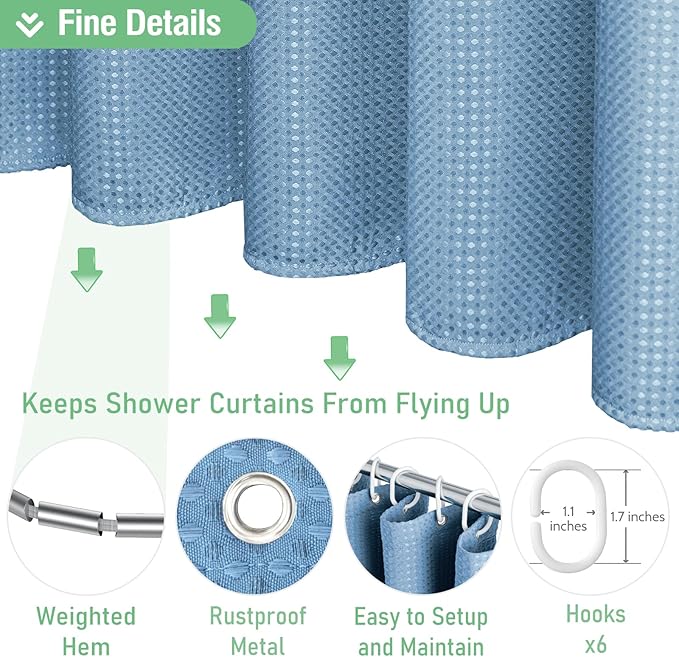 Dynamene Stall Fabric Shower Curtain - 36x72 Waffle Weave Weighted Cloth Shower Curtains for Bathroom, Neutral Heavy Duty Hotel Spa Luxury Bath Curtain Set with 6 Plastic Hooks, Moonlight Blue