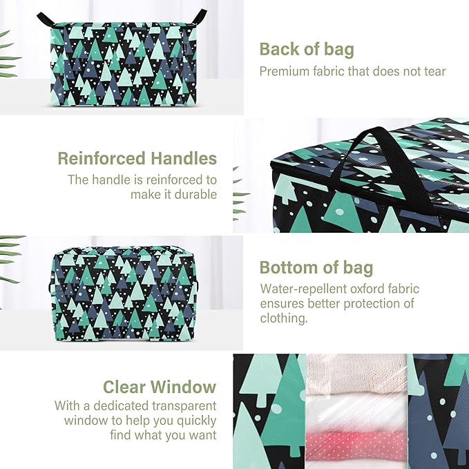 Burbuja Christmas Tree Clothes Storage Bag with Lids and Handle, 2 Pack Foldable Blanket Storage Container with Sturdy Zipper & Clear Window for Bedroom Closet, 60L