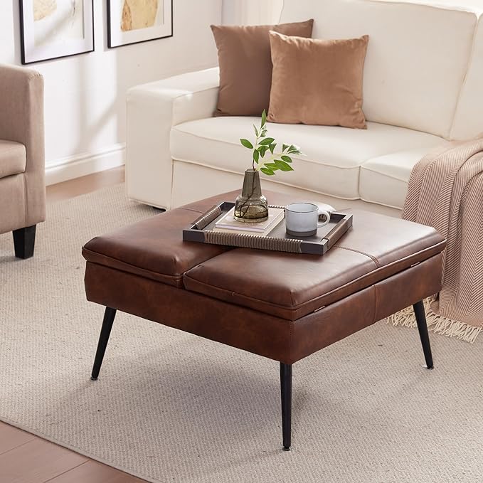 Square Ottoman with Storage, Large Oversized Ottoman Coffee Table, Double Flipping Lid & Mid-Century Modern & Faux Leather Style, Loads 660 lb, for Living Room, Bedroom, Entryway, Retro Brown