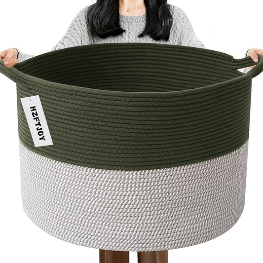 65L Extra Large Woven Cotton Rope Blanket Basket with Handles, Laundry Hamper Storage Bin for Pillows, Comforters,Clothes, Toys, Nursery, Bedroom and Living Room Organization,Green&White