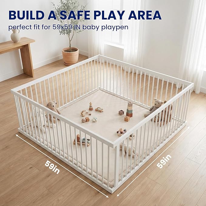 Huloo Sleep Ultra Soft Baby Play Mat for Floor, 1.3" Thick Elasti-Foam 59x59 Play Mat for Playpen,Water-Repellent Coral Velvet for Tummy Time, Non-Slip Backing,Safe for Toddlers & Infants（Beige）